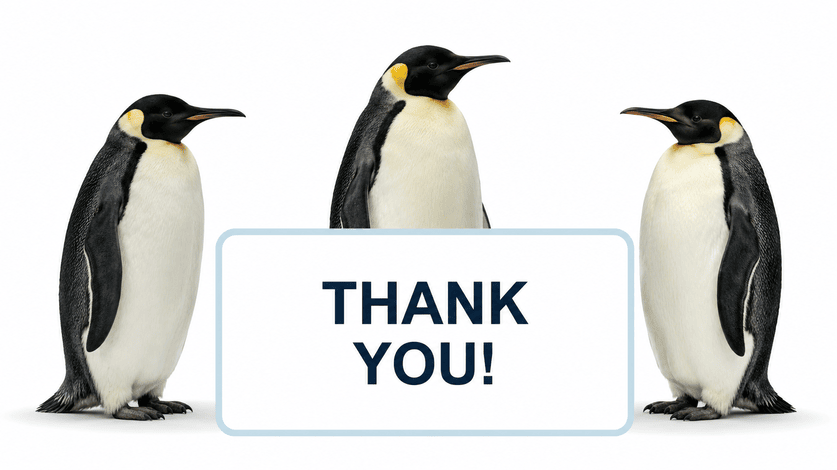 Three penguins holding a thank you sign